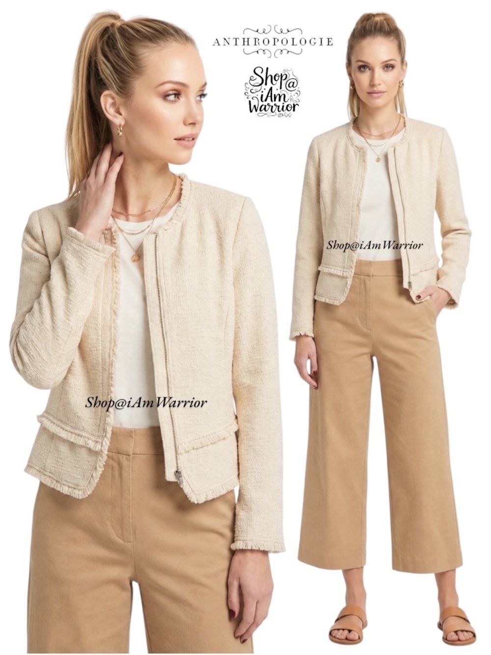 Anthropologie Cream Fringe-Trim Collarless Tweed Blazer